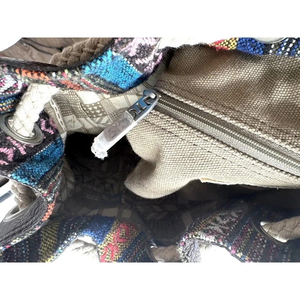 TOMS Canvas Drawstring Pouch Sak Bag Geometric Embroidered Boho Faux Leather